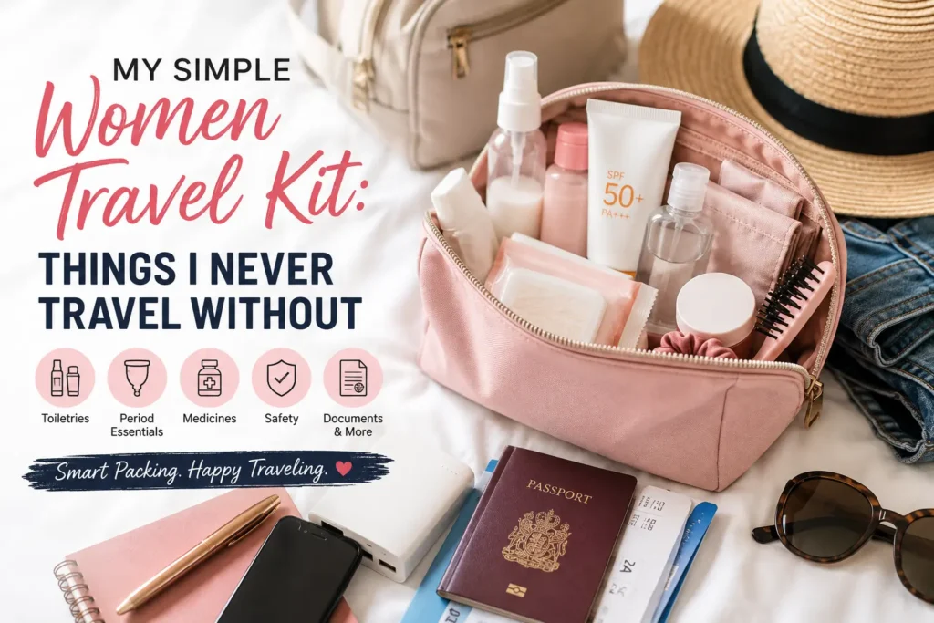 Simple women travel kit with essential travel items
